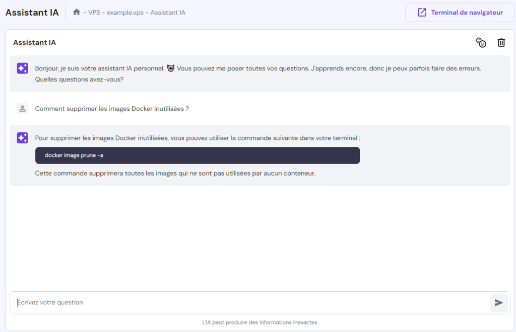 Démonstration de l'utilisation de l'assistant IA pour demander la suppression d'images Docker inutilisées.