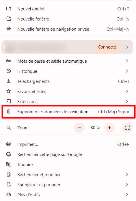 Barre de menu de Google Chrome, mettant en évidence l'option de suppression des données de navigation