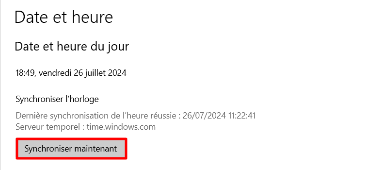 Paramètres de date et d'heure de Windows, mise en évidence de l'option de synchronisation de l'heure 