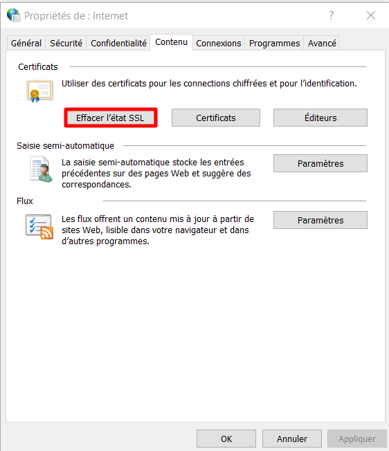 Section Propriétés Internet de Windows, mettant en évidence l'option Effacer l'état SSL