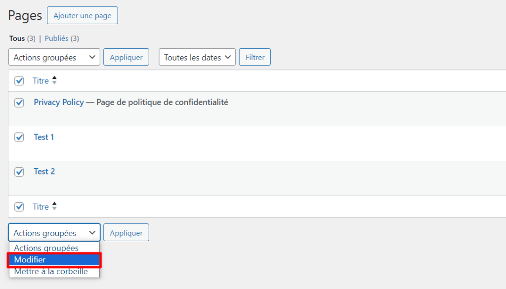 Le menu Modifier dans le menu déroulant des actions groupées de WordPress 
