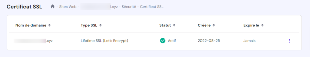 Section Certificat SSL dans hPanel 