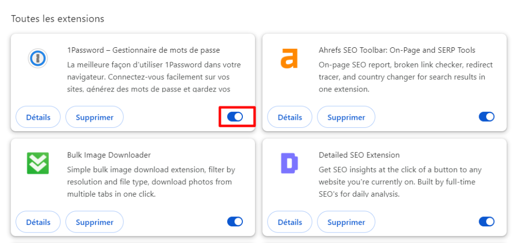 Liste des extensions de Chrome, mettant en évidence le bouton de désactivation