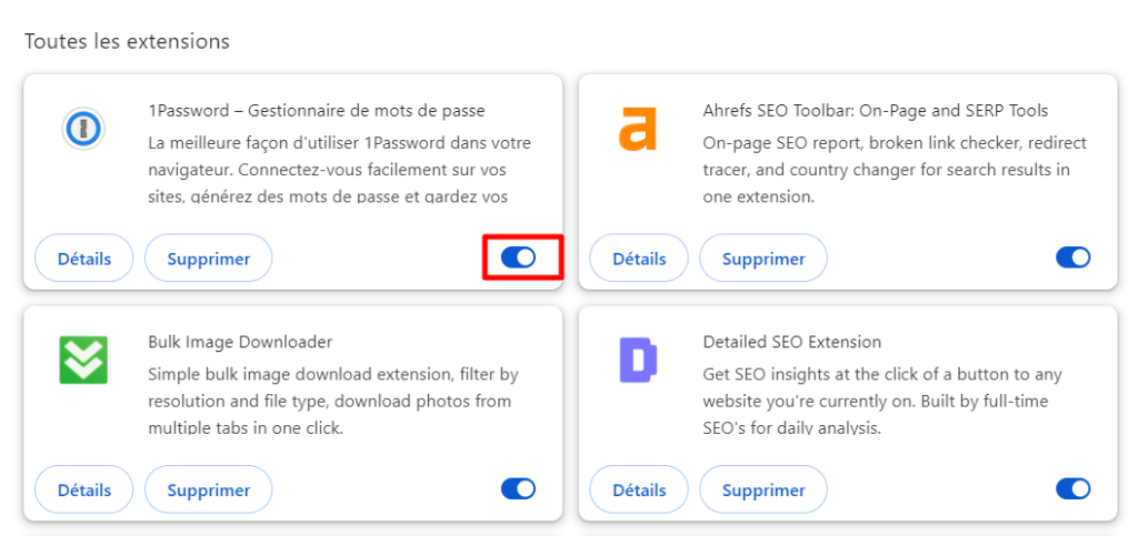 Liste des extensions de Chrome, mettant en évidence le bouton de désactivation