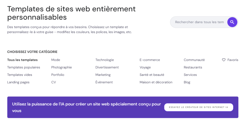 La page de sélection des templates du Créateur de site Web Hostinger