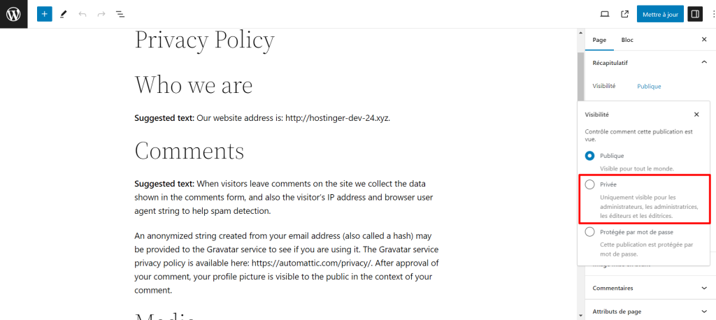L'option Visibilité privée de l'éditeur de blocs WordPress