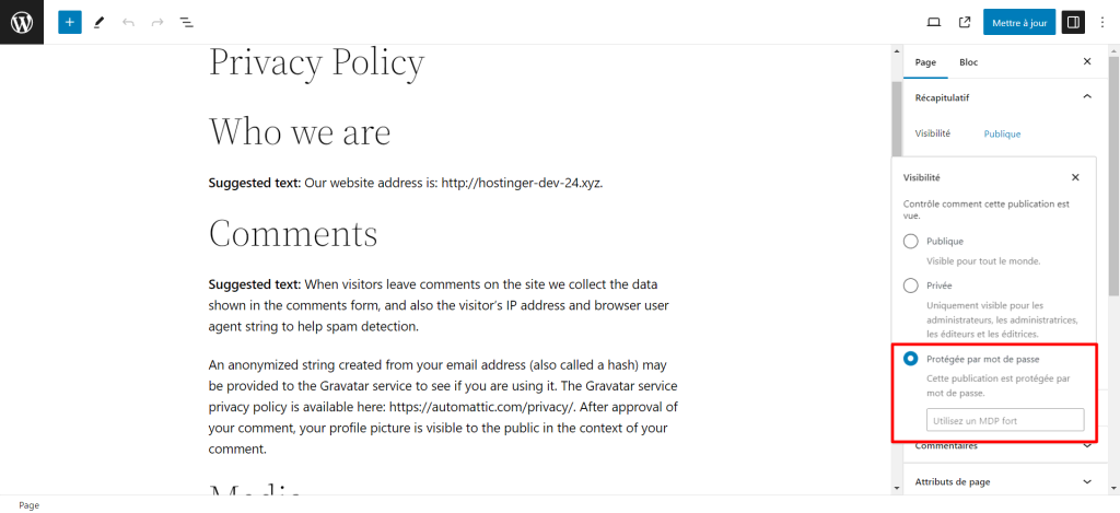 L'option de visibilité protégée par mot de passe dans l'éditeur de blocs de WordPress