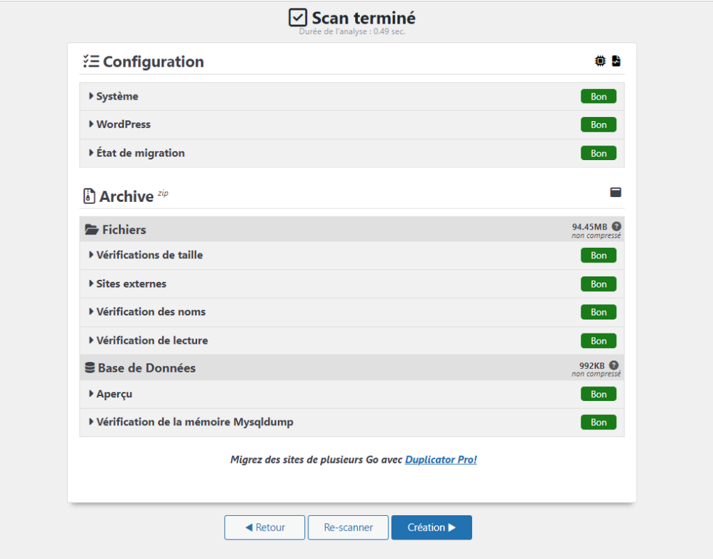 Résultat de l'analyse du site Web de Duplicator