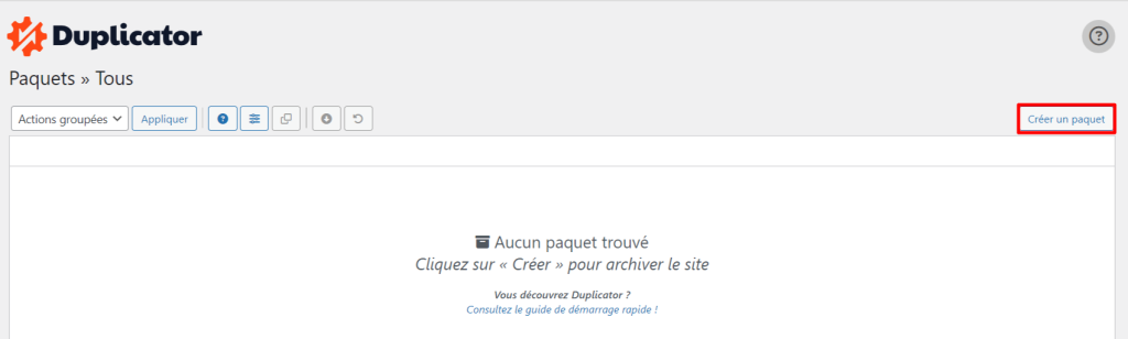 Page de création de l'archive du site sur Duplicator