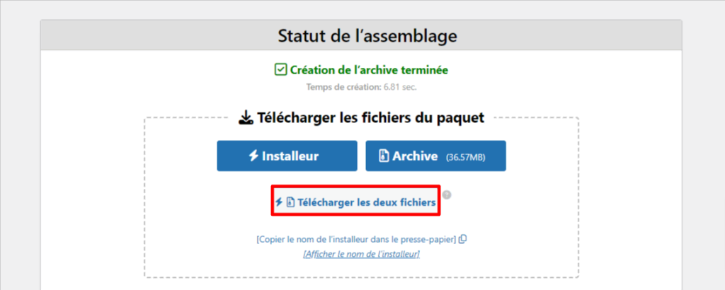 Page de téléchargement de l'archive et de l'installateur du site Duplicator 