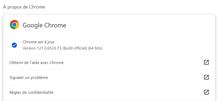 Section « À propos de Chrome », contenant des informations sur sa version 