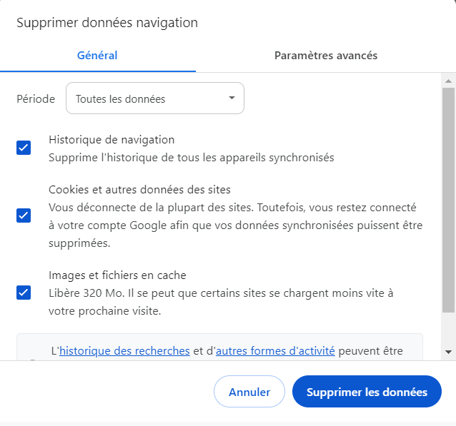 Fenêtre contextuelle d'effacement des données de navigation dans Chrome