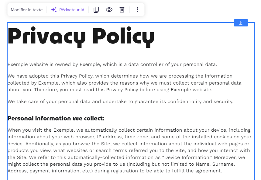 La page de politique de confidentialité générée par l'IA dans le créateur de sites Web Hostinger 