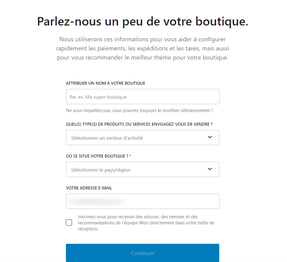 Un formulaire d'installation WooCommerce pour soumettre les détails de l'entreprise