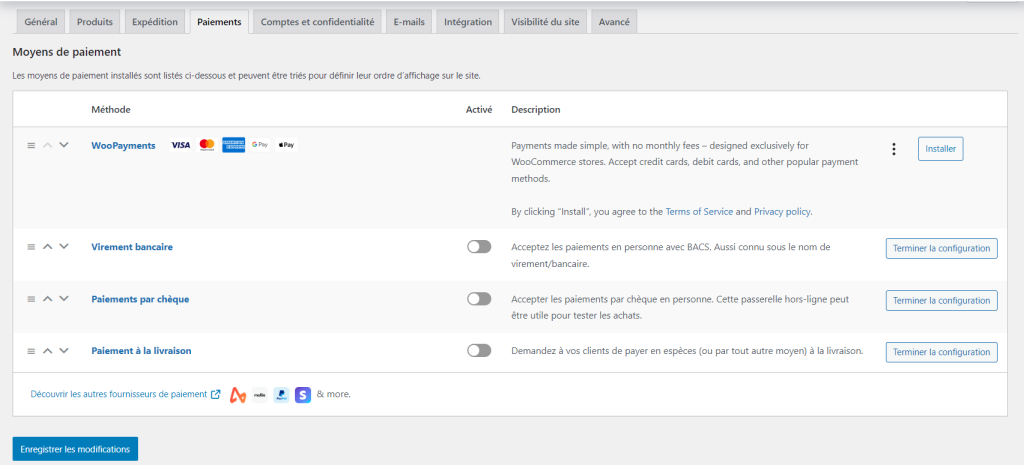 Méthodes de paiement WooCommerce