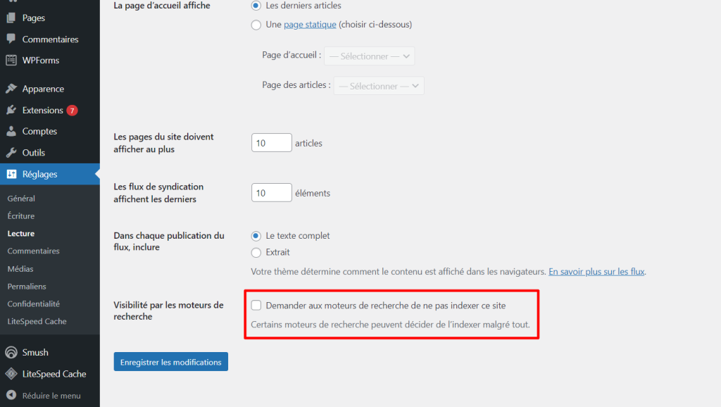 L'option Demander aux moteurs de recherche de ne pas indexer ce site dans le tableau de bord de WordPress. 