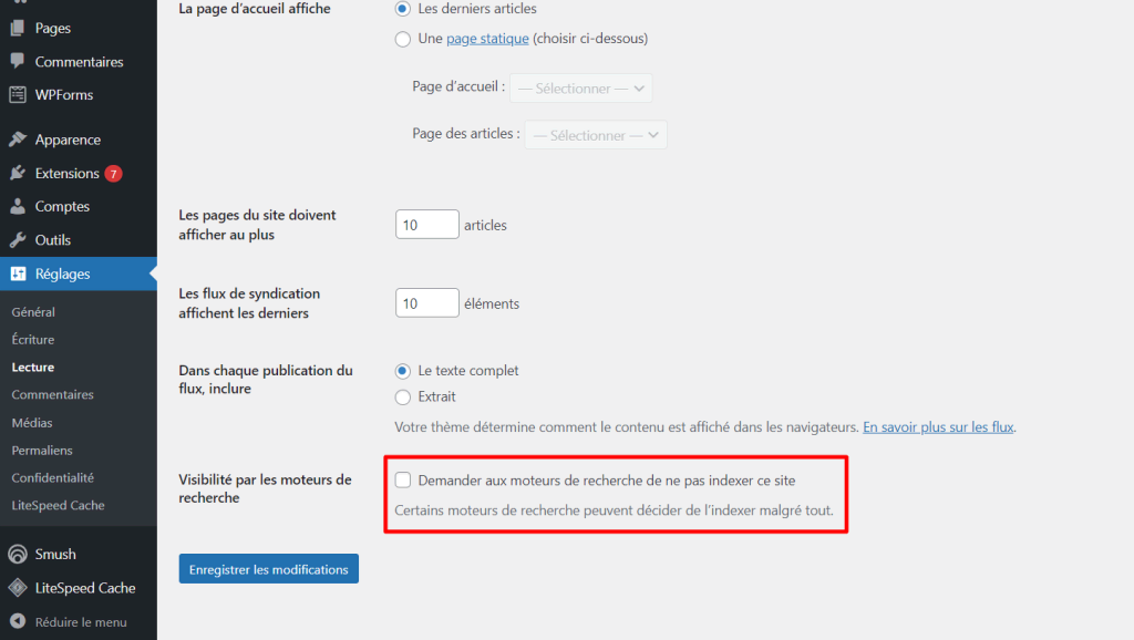 L'option Demander aux moteurs de recherche de ne pas indexer ce site dans le tableau de bord de WordPress. 