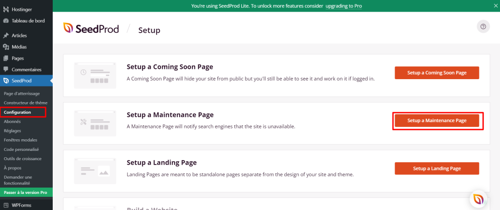 La page de menu Configuration de SeedProd montre l'option Setup a Maintenance Page