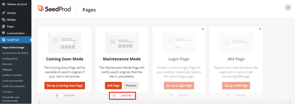 Le menu de la page d'atterrissage du plugin SeedProd avec le bouton Inactive sous Maintenance Mode. 