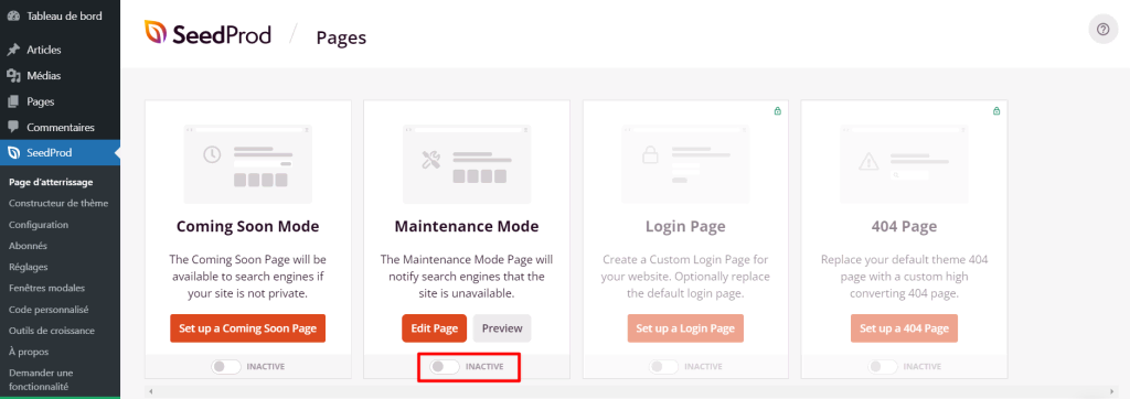 Le menu de la page d'atterrissage du plugin SeedProd avec le bouton Inactive sous Maintenance Mode. 