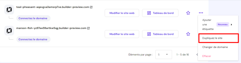 L'option Dupliquer le site web dans le menu du site web de hPanel