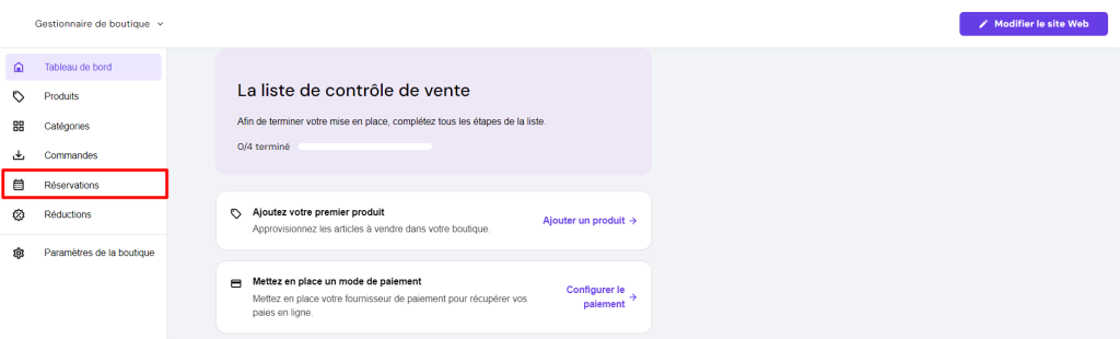 L'interface du gestionnaire de boutique du Créateur de site Web Hostinger avec le bouton " Réservations " surligné en rouge