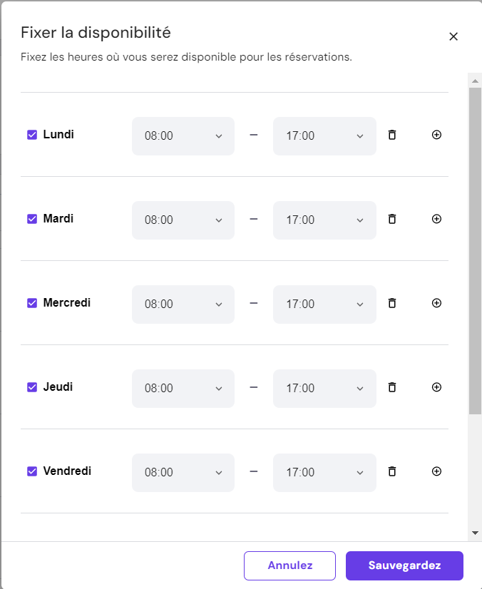 La fonction de sélection des horaires de disponibilité dans le gestionnaire de magasin du Créateur de site Web Hostinger 