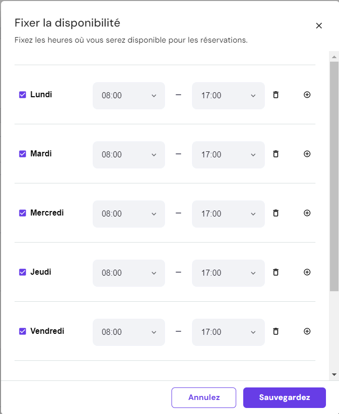 La fonction de sélection des horaires de disponibilité dans le gestionnaire de magasin du Créateur de site Web Hostinger 