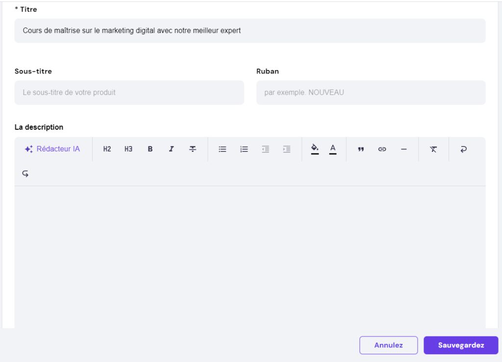 Les champs pour ajouter un titre, un sous-titre, un ruban et une description de produit dans le gestionnaire de boutique de Hostinger 