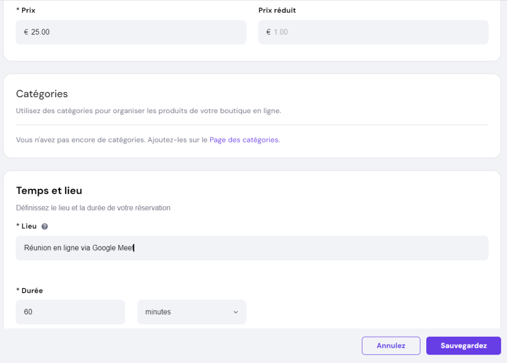 
Les champs pour ajouter un prix de produit, une remise, des catégories, un lieu et une durée dans le gestionnaire de boutique de Hostinger