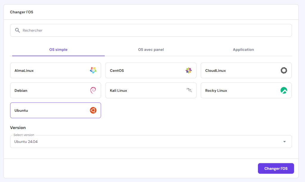 Le menu de sélection du système d'exploitation VPS dans hPanel