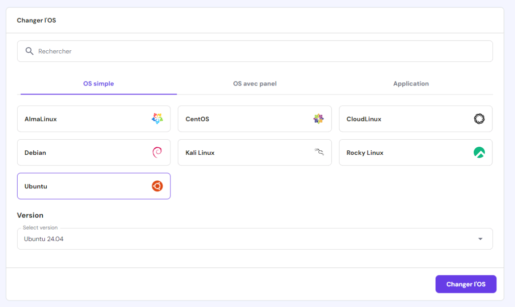 Le menu de sélection du système d'exploitation VPS dans hPanel