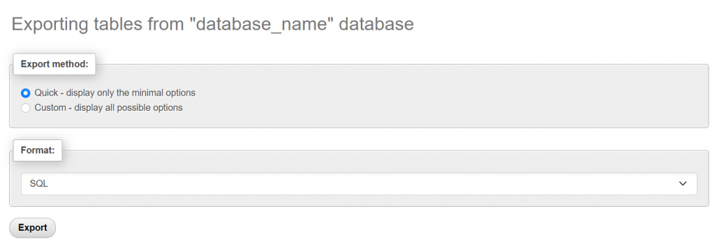 Le menu d'exportation de base de données dans phpMyAdmin 