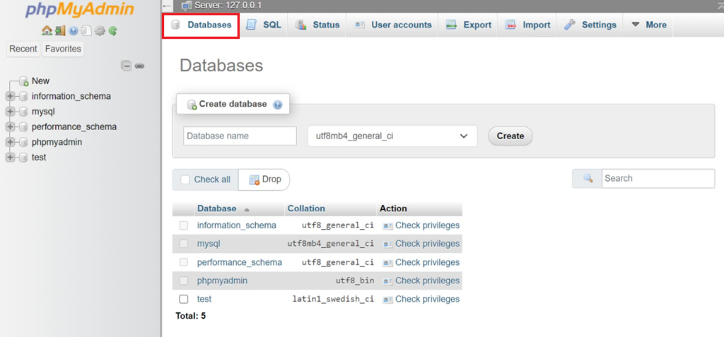 Le menu des bases de données dans phpMyAdmin 