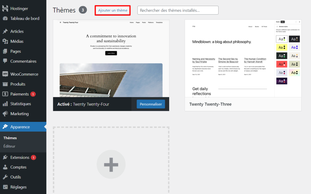 Section des thèmes WordPress, mettant en évidence le bouton permettant d'ajouter un nouveau thème