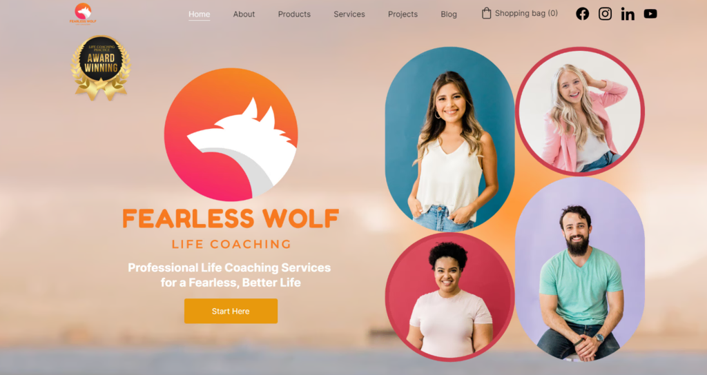 Page d'accueil du site web de Fearless Wolf Life Coaching 