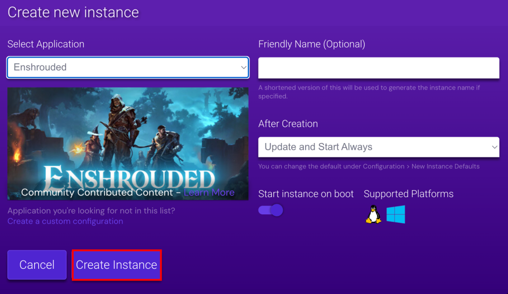 Ecran de création de l'instance Enshrouded du Game Panel