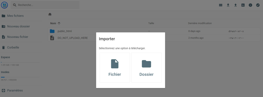 Le menu d'importation dans le gestionnaire de fichiers de hPanel 