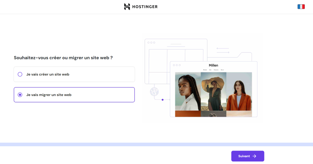 Le processus de mise en place dans le hPanel de Hostinger montrant les options de création ou de migration d'un site web.