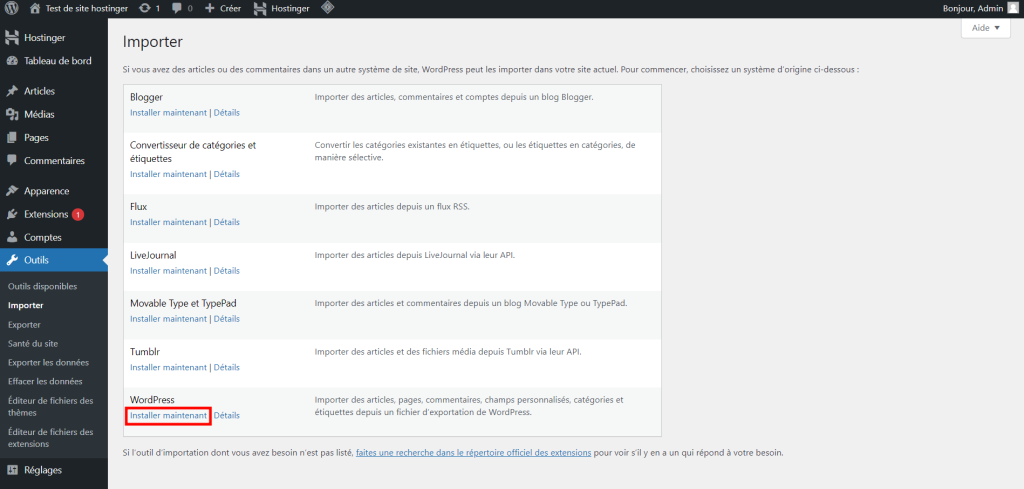 
La section Importer dans le panneau admin de WordPress avec l'option d'installation de l'importateur WordPress surlignée en rouge.