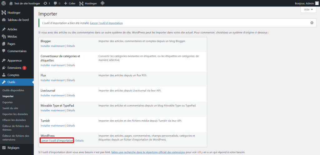 La section Importer dans le panneau admin de WordPress avec l'option de lancer l'outil d'importation WordPress surlignée en rouge.