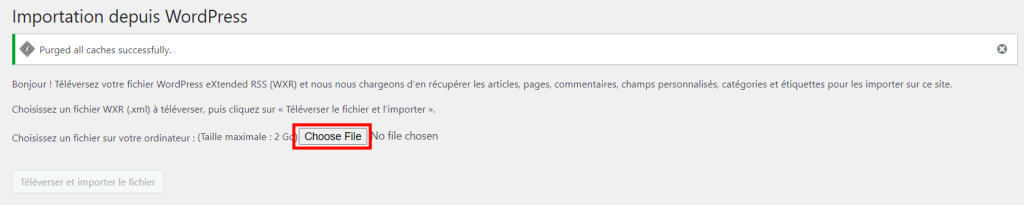 La section Importer dans le panneau admin de WordPress montrant l'option de téléchargement des fichiers du site.