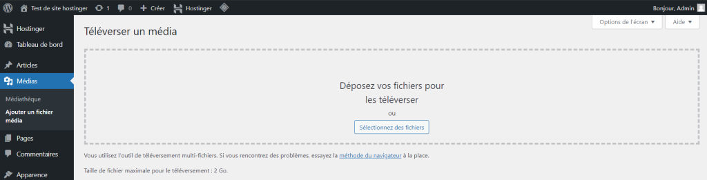 La section Télécharger de nouveaux médias dans le panneau admin de WordPress