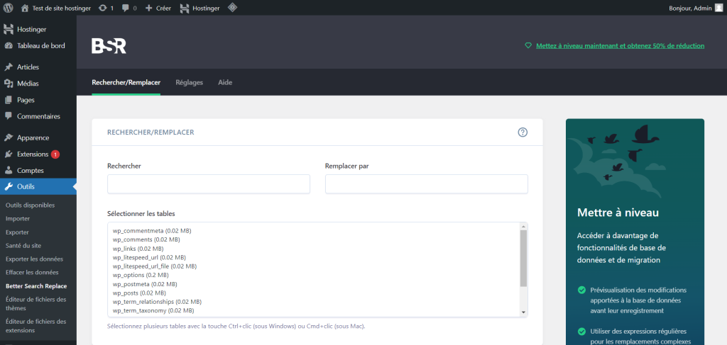 L'interface de l'extension Better Search Replace dans le tableau de bord de WordPress