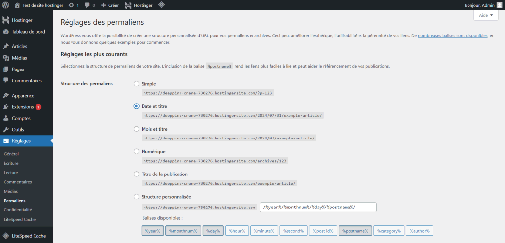 L'option Date et titre est surlignée en rouge dans le panneau admin de WordPress.org.