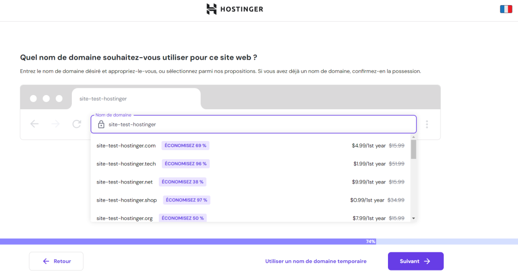 Le processus de mise en place dans le hPanel de Hostinger montrant les options pour connecter un nom de domaine.