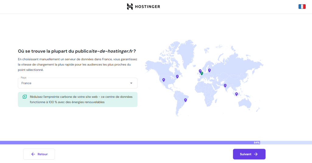 Le processus de mise en place dans le hPanel d'Hostinger montrant l'emplacement des data centers