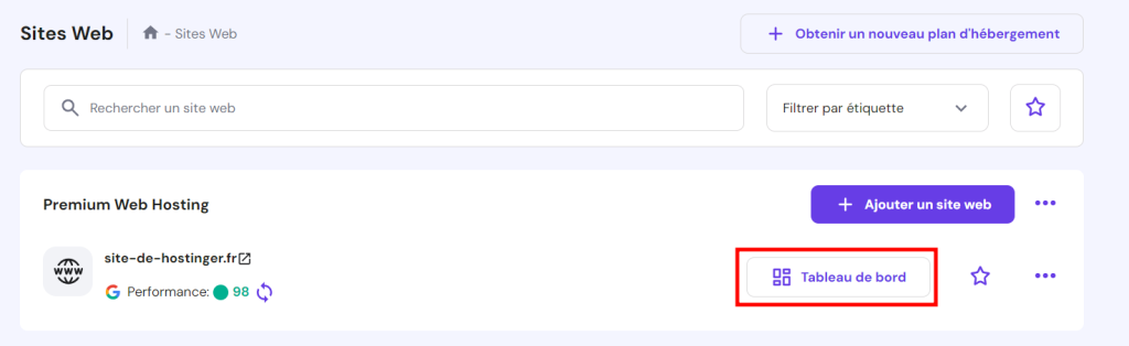 La section Sites web dans hPanel avec le bouton Tableau de bord surligné en rouge
