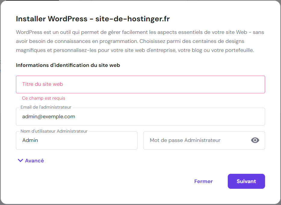 Le menu popup pour entrer les identifiants WordPress dans le hPanel