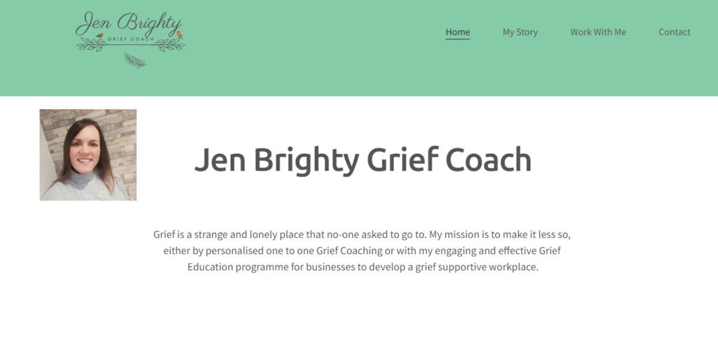 Page d'accueil du site de Jen Brighty Grief Coach 